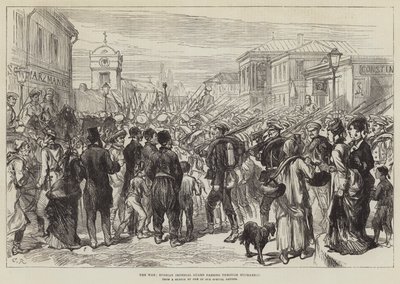 Krigen, russisk kejsergarde, der passerer gennem Bukarest af Sir John Charles Robinson